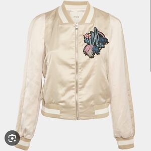 Maje Bacary Embroidered Stretch Satin Bomber Jacket Beige Size 36/Small